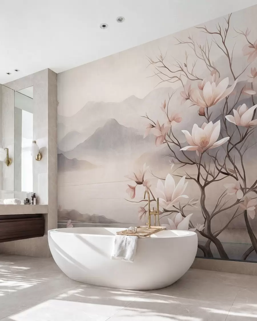 fototapeter Bjerge og blomstrende lyserøde magnoliagrene, et landskab med dybde og tekstur w10013