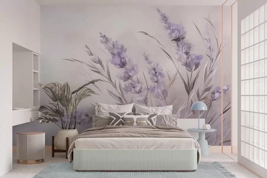 fototapeter Lavendelblomster med lange stilke og blade, kunstværk i bløde pastelfarver med struktur w10018