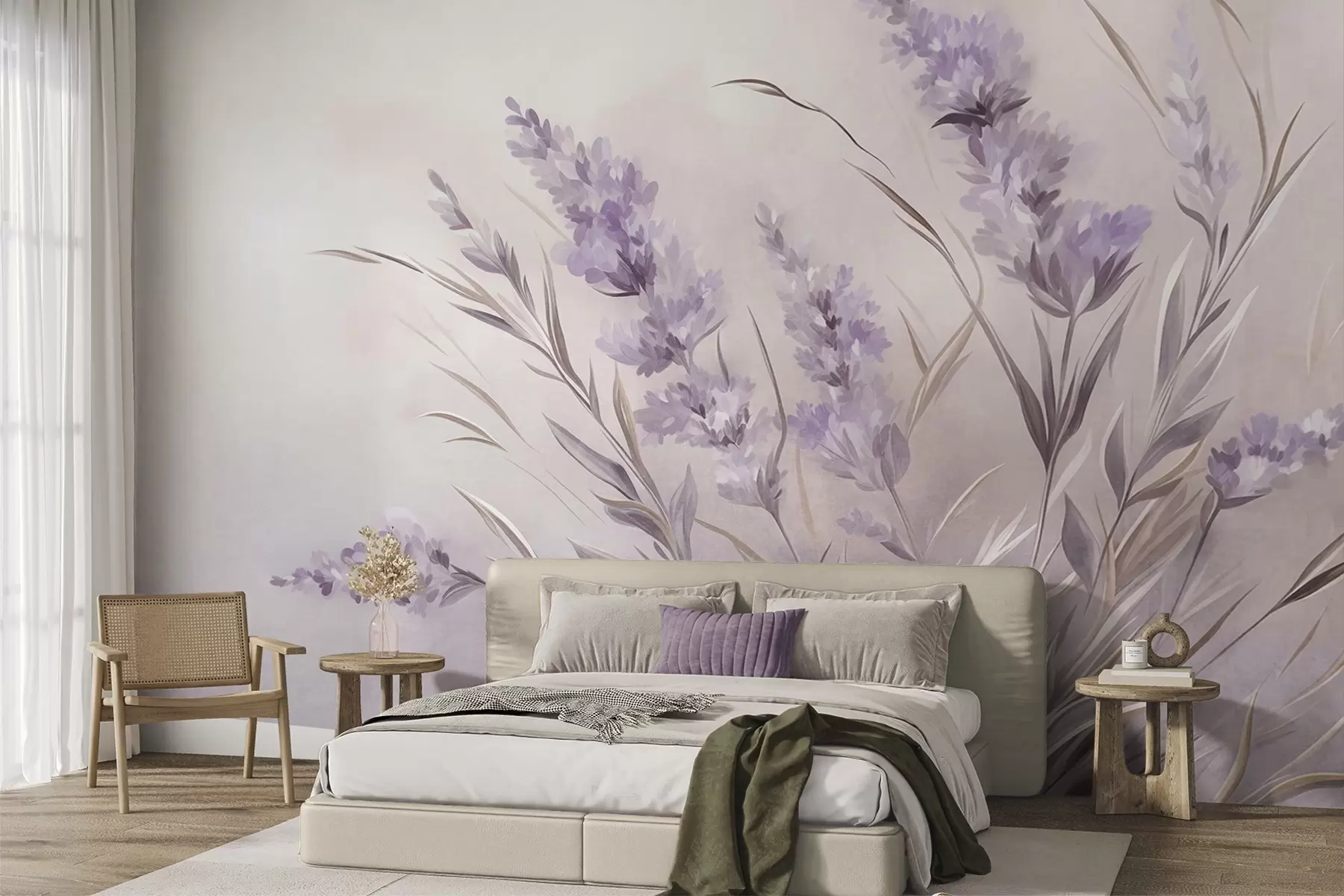 fototapeter Lavendelblomster med lange stilke og blade, kunstværk i bløde pastelfarver med struktur w10018