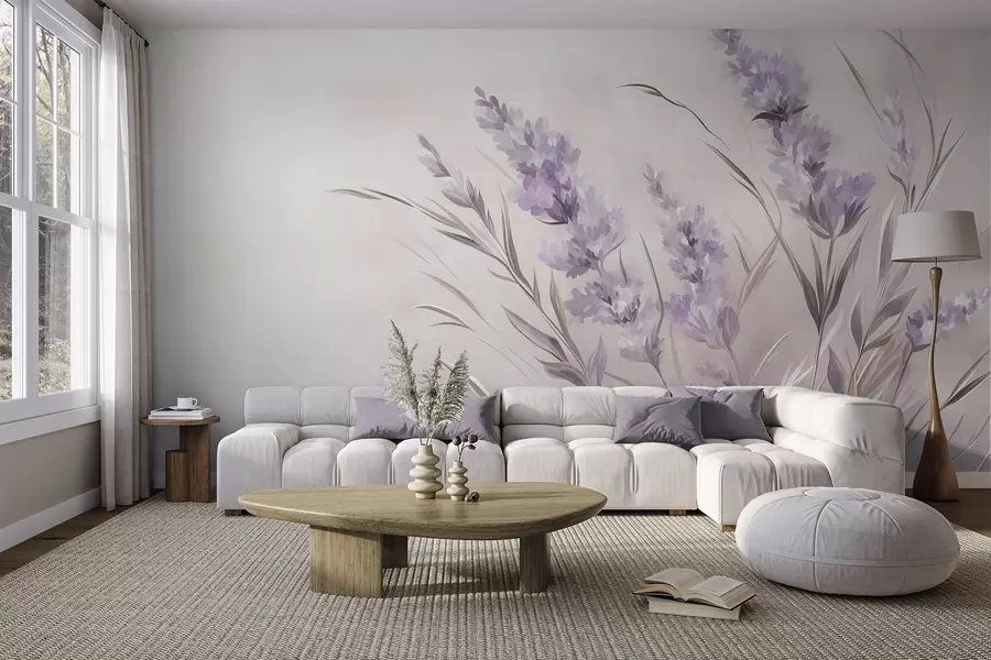 fototapeter Lavendelblomster med lange stilke og blade, kunstværk i bløde pastelfarver med struktur w10018