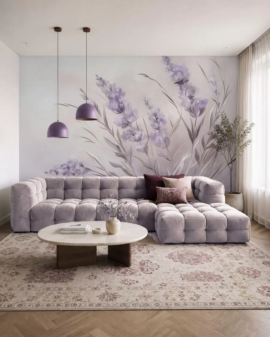 fototapeter Lavendelblomster med lange stilke og blade, kunstværk i bløde pastelfarver med struktur w10018