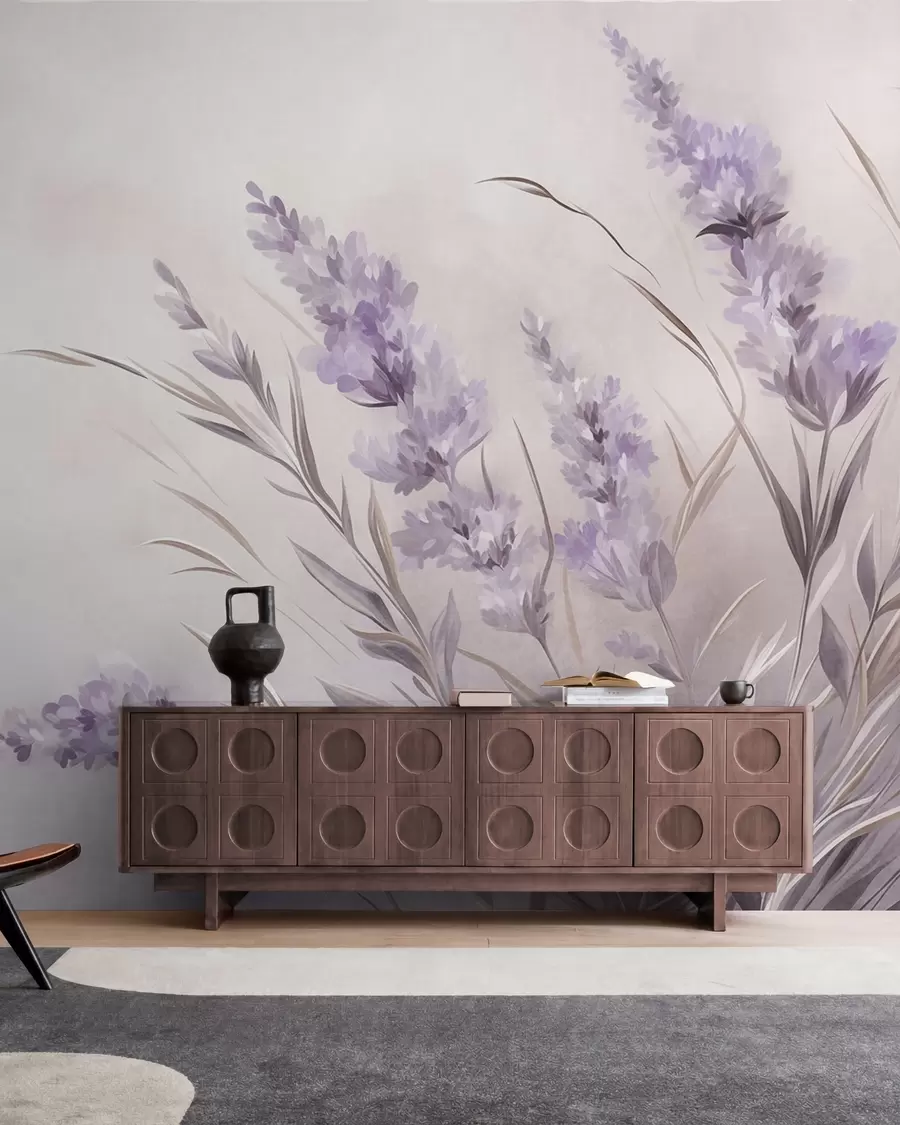 fototapeter Lavendelblomster med lange stilke og blade, kunstværk i bløde pastelfarver med struktur w10018