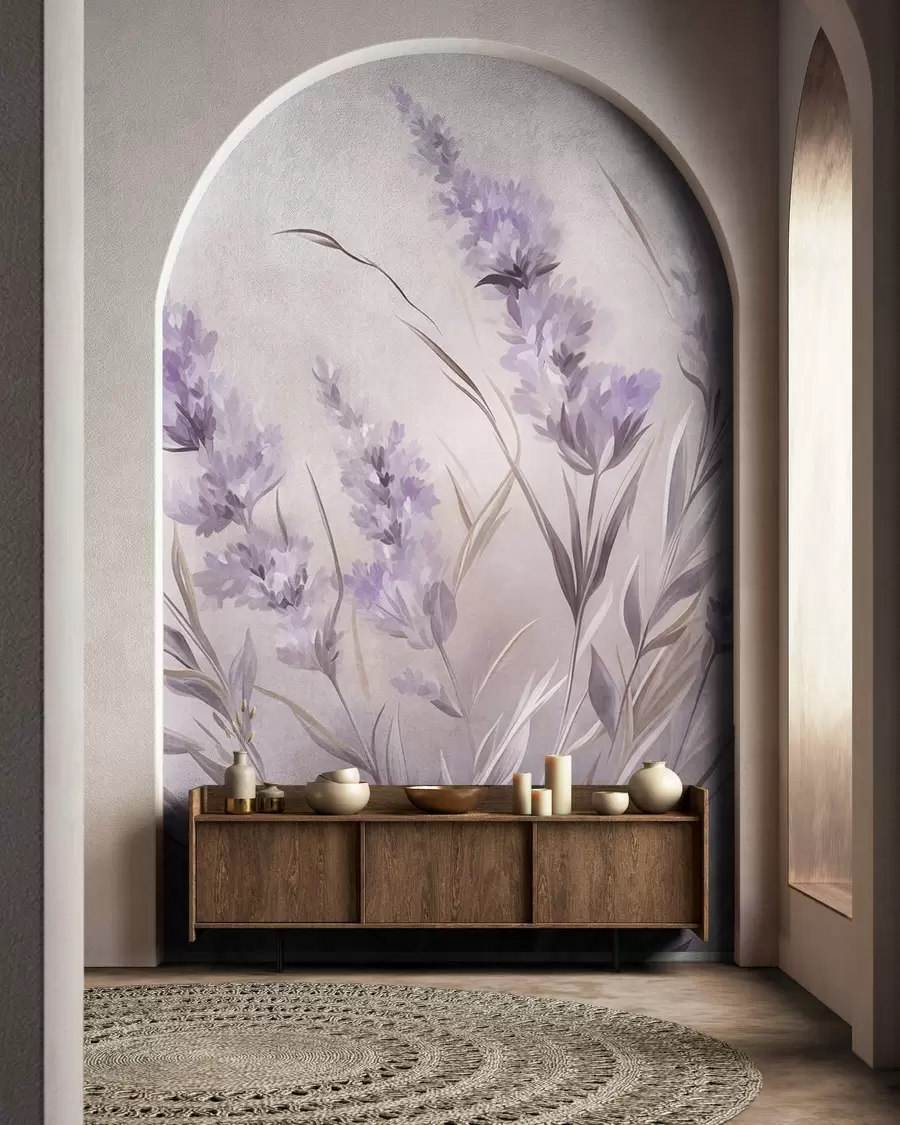 fototapeter Lavendelblomster med lange stilke og blade, kunstværk i bløde pastelfarver med struktur w10018