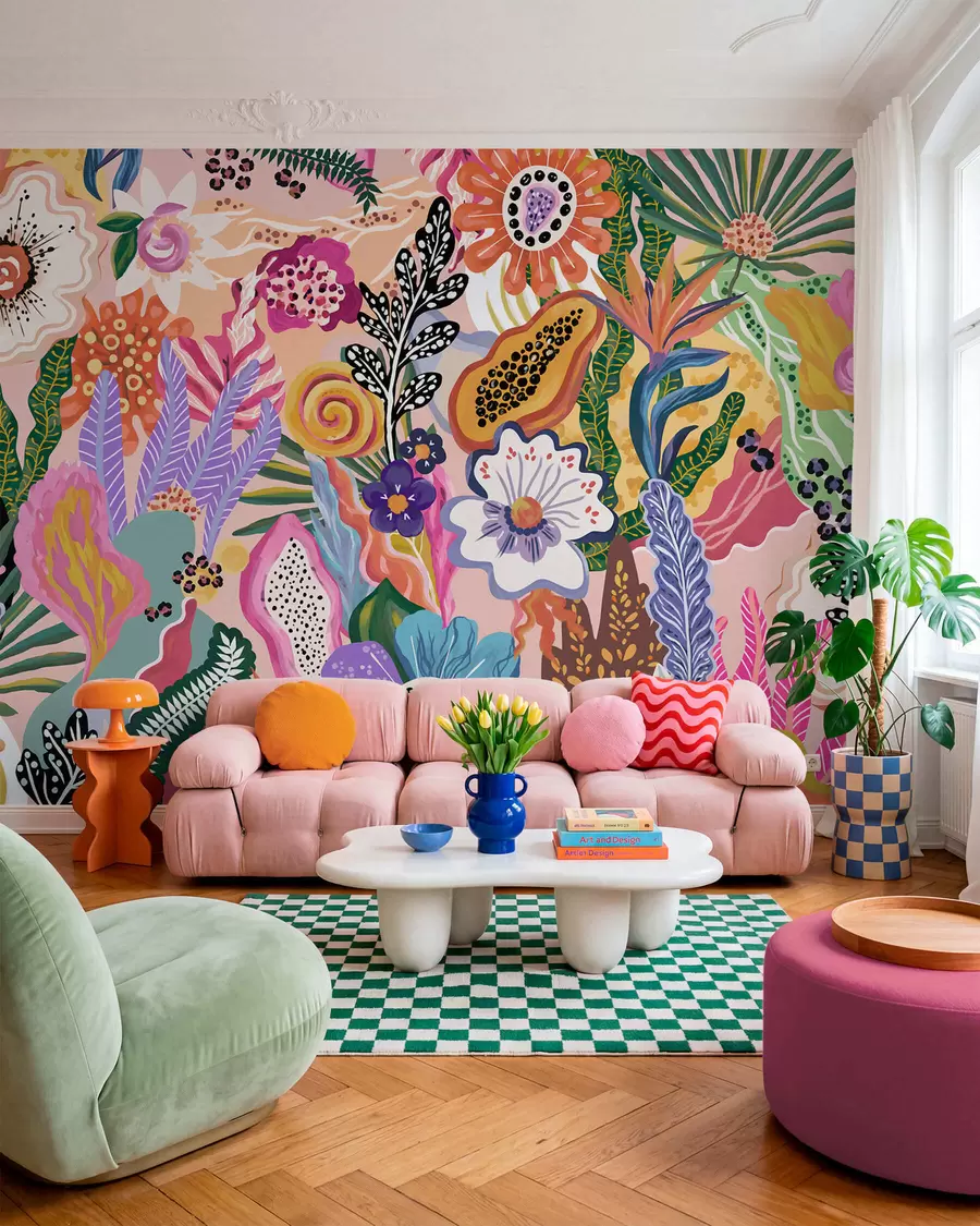 Murale Motif tropical éclatant composé de fleurs, de feuilles et de fruits colorés w05815