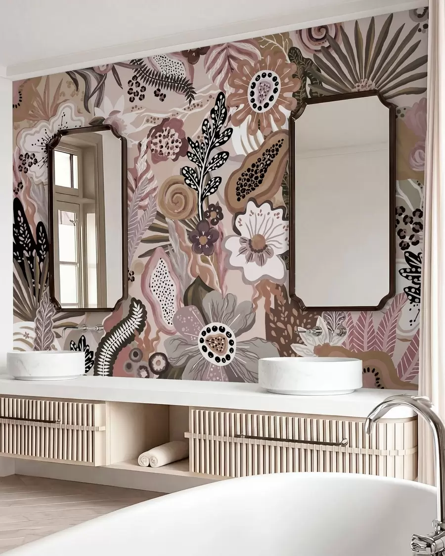fototapeter Et pulveragtigt tropisk motiv med blomster, blade og dæmpede, bløde farver w05815v1