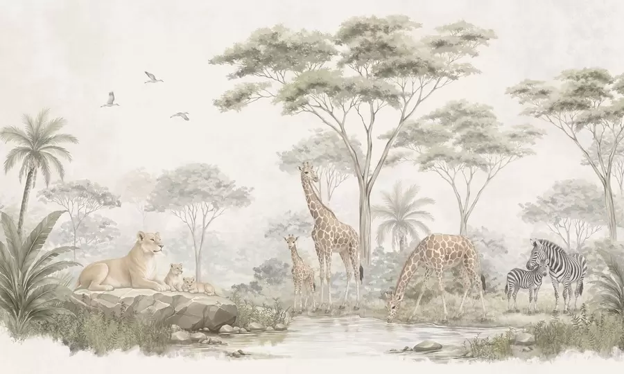 fototapeter Safari med giraffer, løver, zebraer og tropiske træer w05804