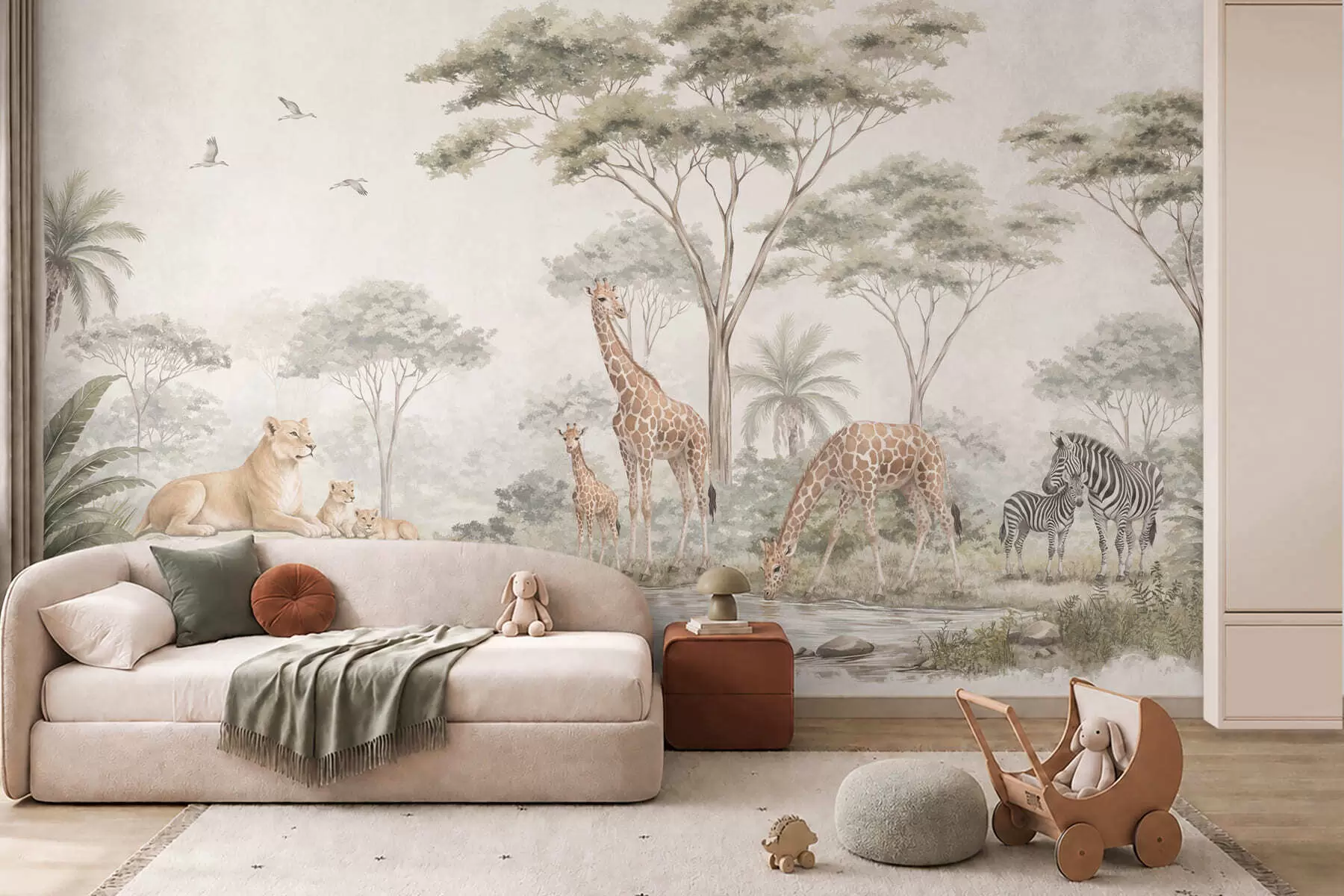 fototapeter Safari med giraffer, løver, zebraer og tropiske træer w05804