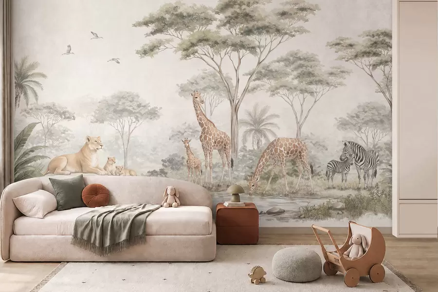 fototapeter Safari med giraffer, løver, zebraer og tropiske træer w05804