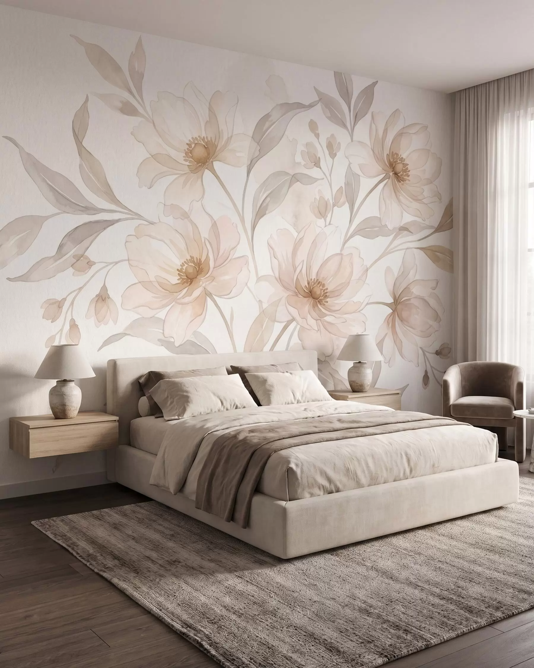 Murale Des pivoines aériennes aux douces nuances de beige poudré w10002