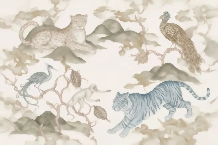 fototapeter Kejserlig have med dyr i orientalsk stil — abe, leopard, tiger, påfugl og hejre w10011