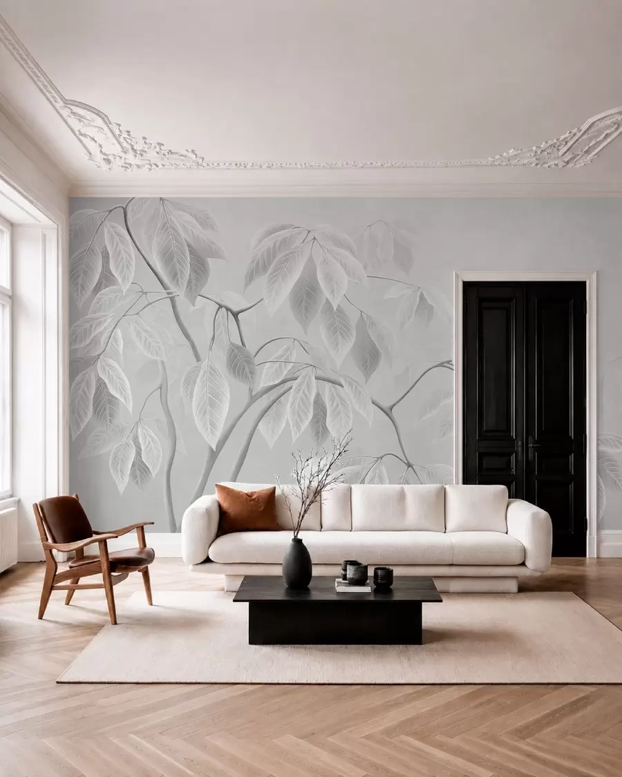 Murale Des branches claires aux grandes feuilles sur un fond clair w05806