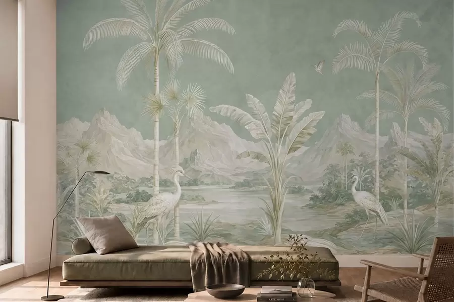 Murale Paysage tropical aux douces nuances de vert w05819