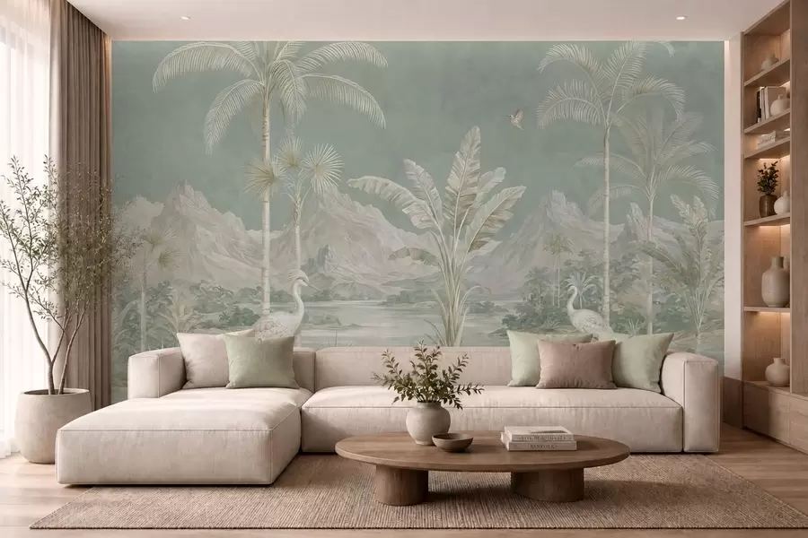 Murale Paysage tropical aux douces nuances de vert w05819