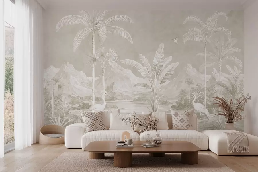 Murale Paysage tropical lumineux avec des palmiers, des oiseaux et des montagnes w05819v1