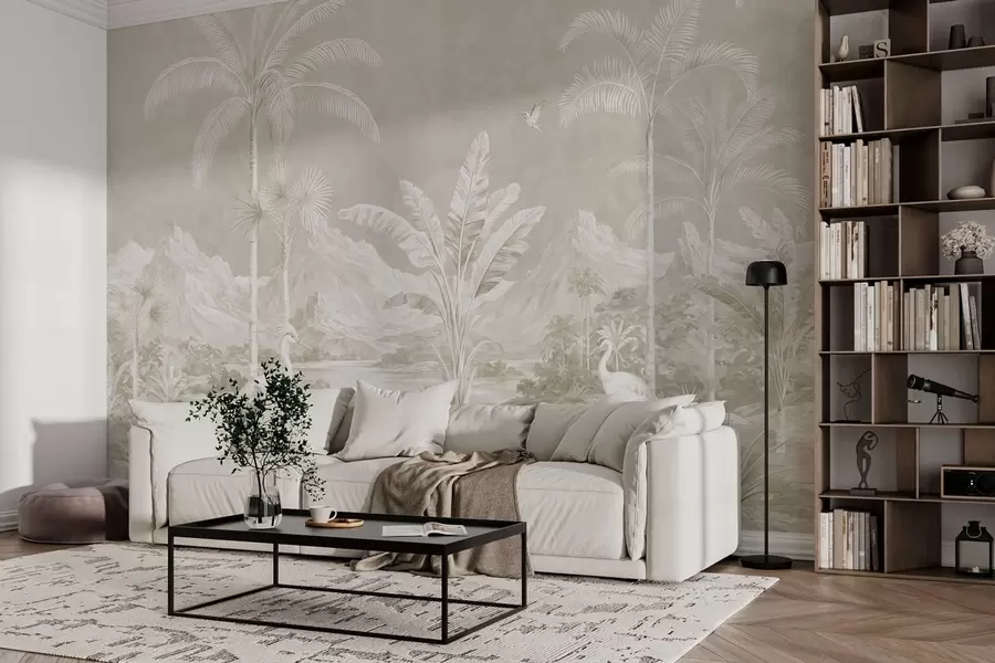 Murale Paysage tropical lumineux avec des palmiers, des oiseaux et des montagnes w05819v1