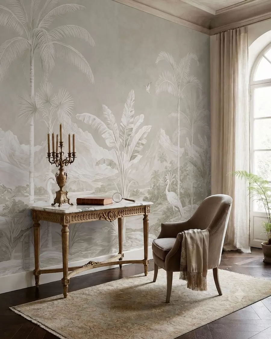 Murale Paysage tropical lumineux avec des palmiers, des oiseaux et des montagnes w05819v1