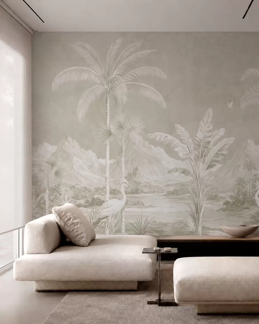 Murale Paysage tropical lumineux avec des palmiers, des oiseaux et des montagnes w05819v1