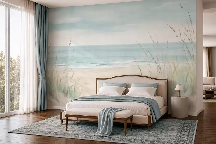 fototapeter Muslingesand med en blid strandbred og græs i bløde pastelfarver w05821