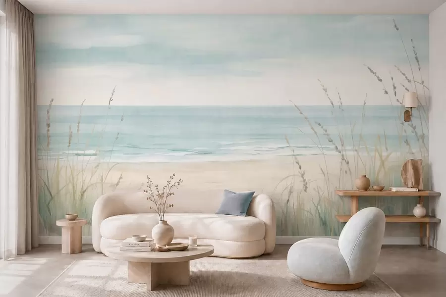 Fototapete Muschelsand mit einem sanften Strand und Gräsern in zarten Pastelltönen w05821