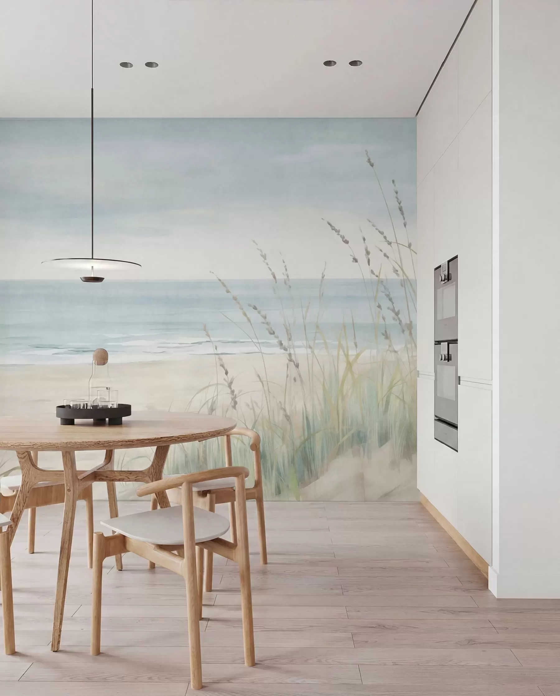 Fototapete Muschelsand mit einem sanften Strand und Gräsern in zarten Pastelltönen w05821