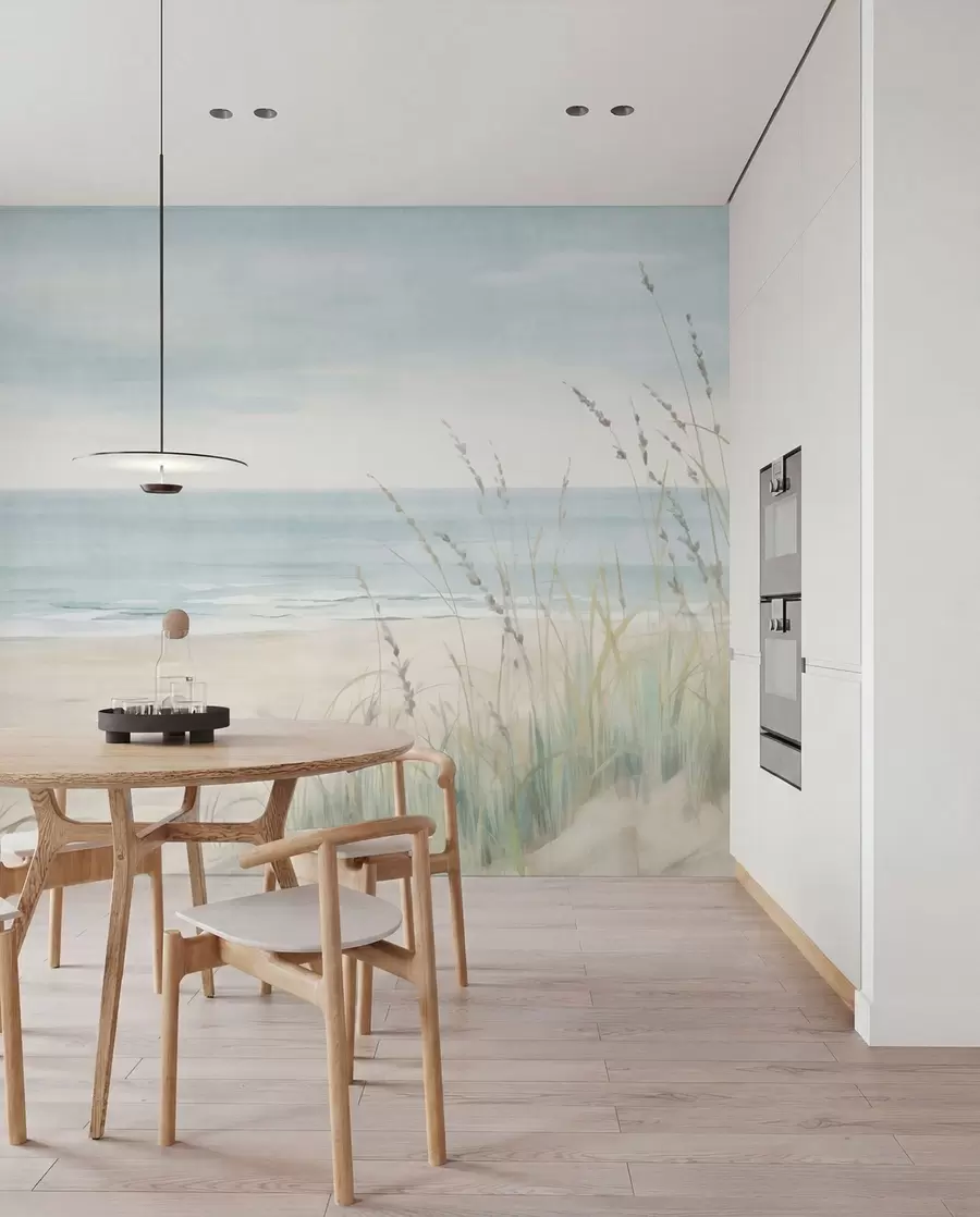 fototapeter Muslingesand med en blid strandbred og græs i bløde pastelfarver w05821