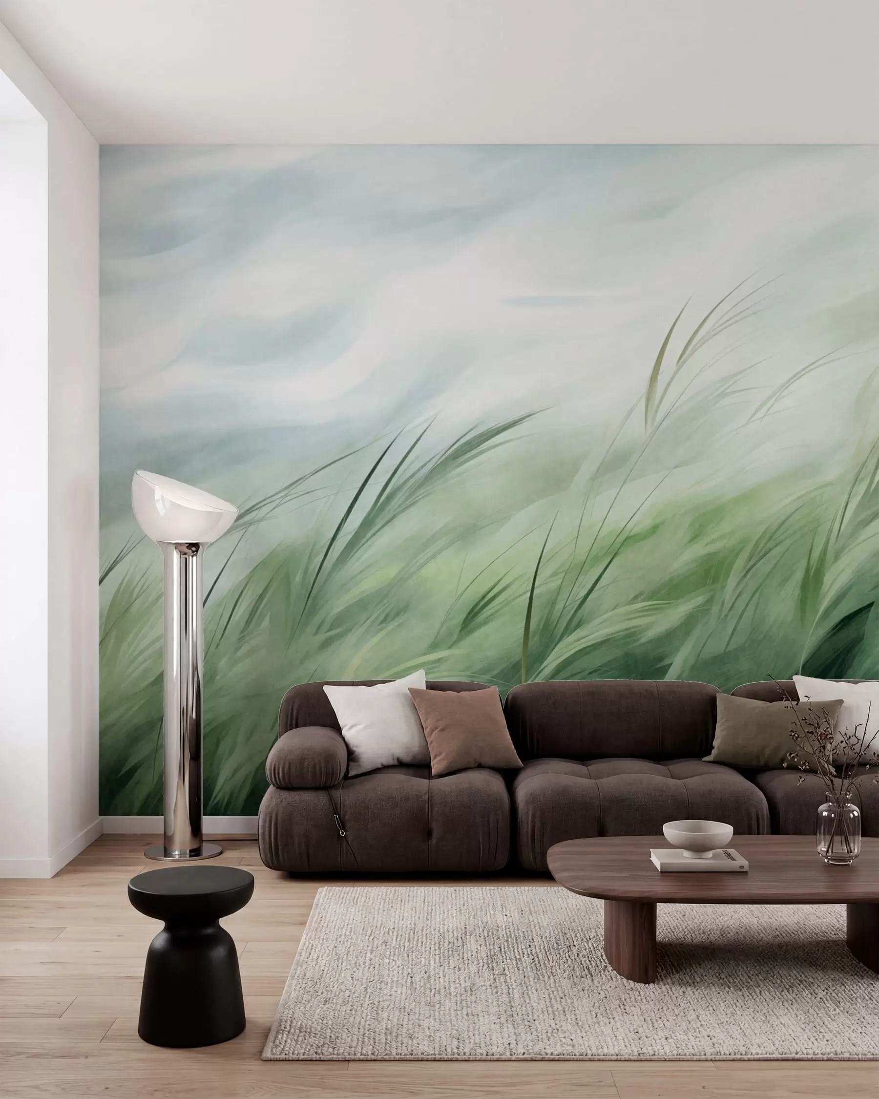 Murale Vert sauge, avec de délicates herbes qui se balancent doucement sous une brise légère w05853