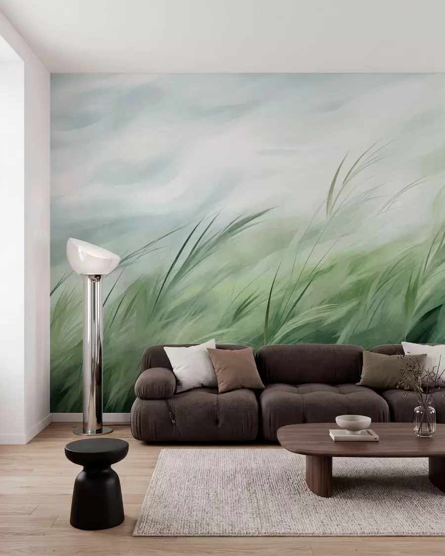 Murale Vert sauge, avec de délicates herbes qui se balancent doucement sous une brise légère w05853