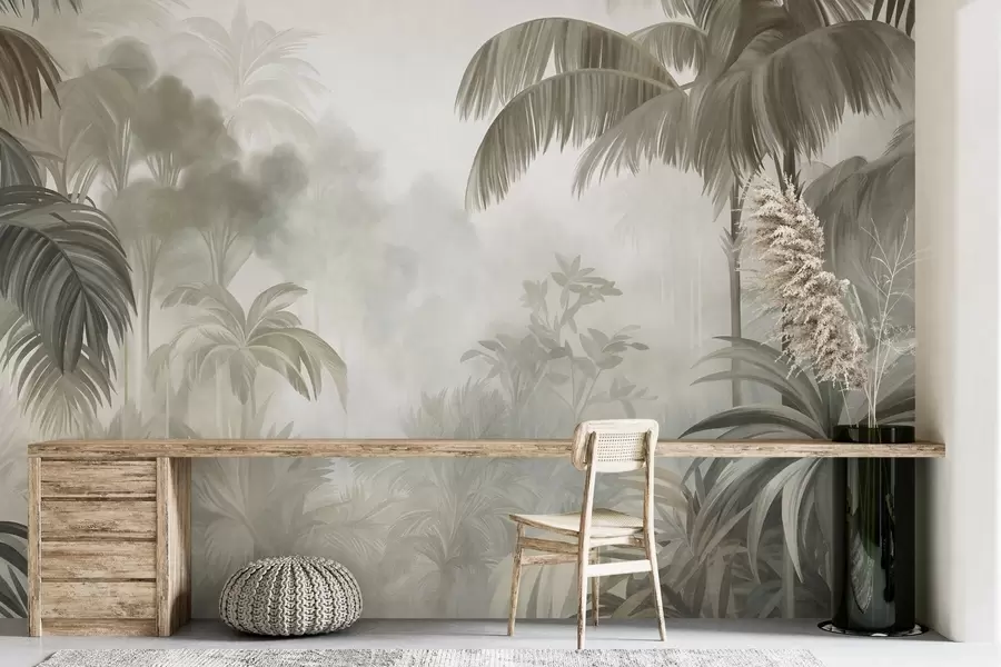 Murale Paysage de jungle texturé, avec des palmiers et une végétation luxuriante, dans un style doux et pictural w10016