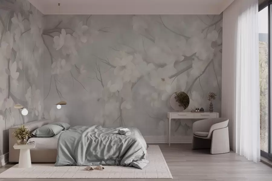 fototapeter Hvide kirsebærblomster på tynde grene, sløret, lysegrå baggrund, tekstureret kunst w10012