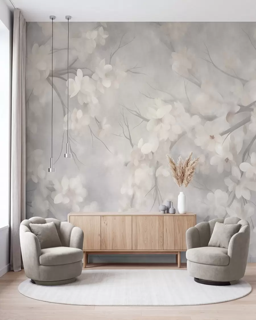 fototapeter Hvide kirsebærblomster på tynde grene, sløret, lysegrå baggrund, tekstureret kunst w10012