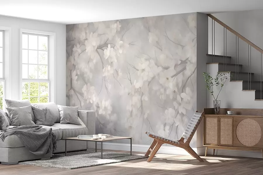 fototapeter Hvide kirsebærblomster på tynde grene, sløret, lysegrå baggrund, tekstureret kunst w10012