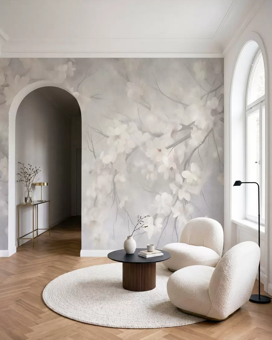 fototapeter Hvide kirsebærblomster på tynde grene, sløret, lysegrå baggrund, tekstureret kunst w10012