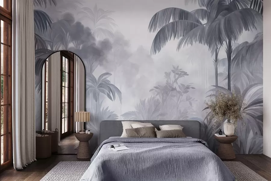 Murale Paysage de jungle texturé, avec des palmiers et une végétation luxuriante, dans un style doux et pictural w10016v1