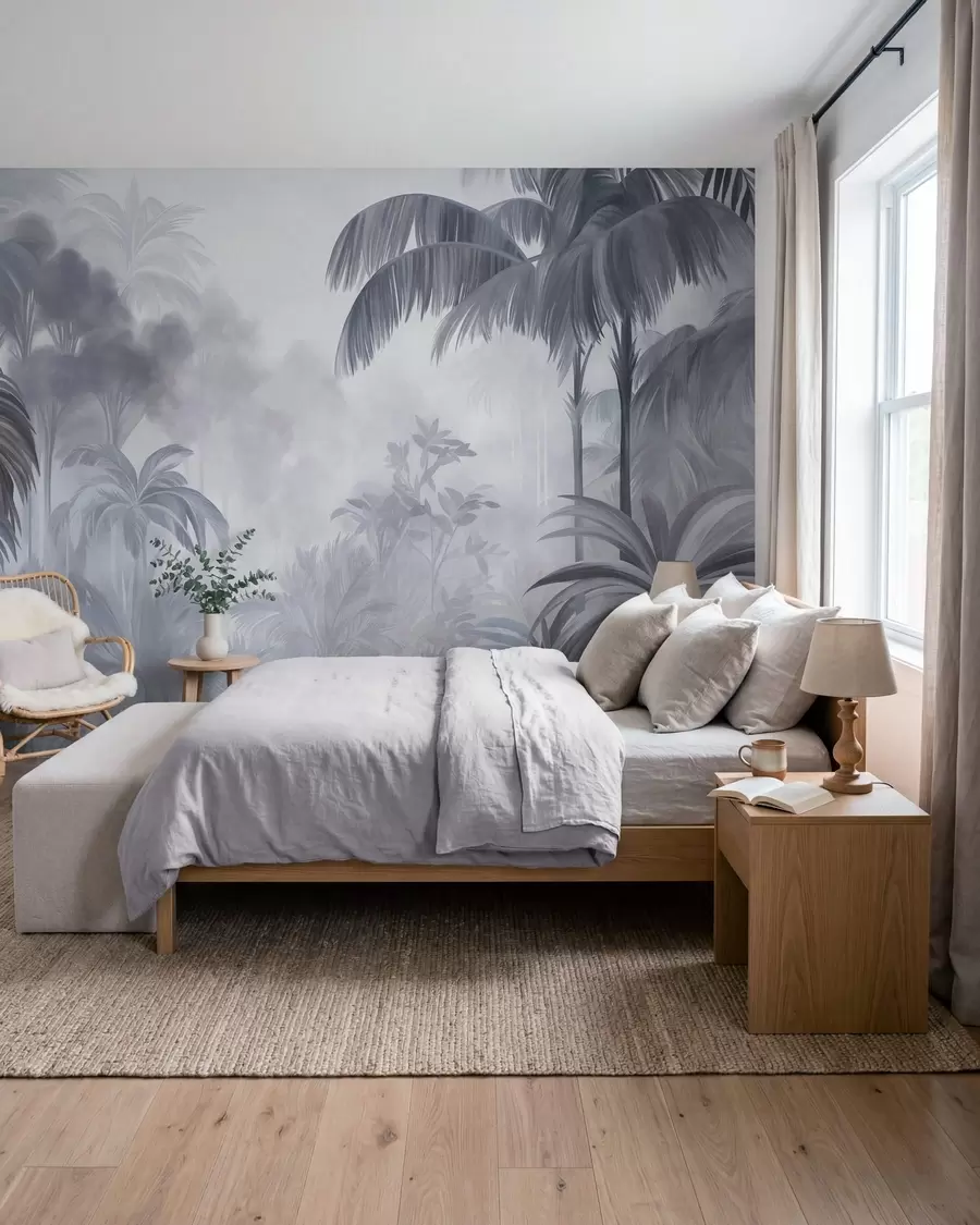 Murale Paysage de jungle texturé, avec des palmiers et une végétation luxuriante, dans un style doux et pictural w10016v1
