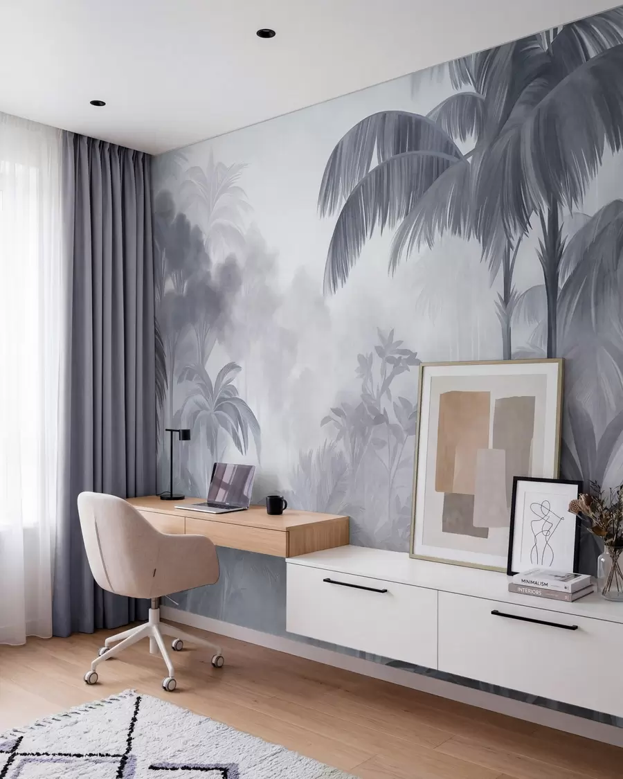 Murale Paysage de jungle texturé, avec des palmiers et une végétation luxuriante, dans un style doux et pictural w10016v1