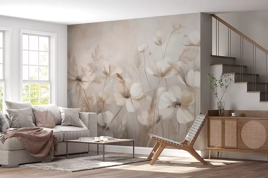 fototapeter Et felt med lyse blomster og højt græs i dæmpede nuancer, tekstureret kunst w10019