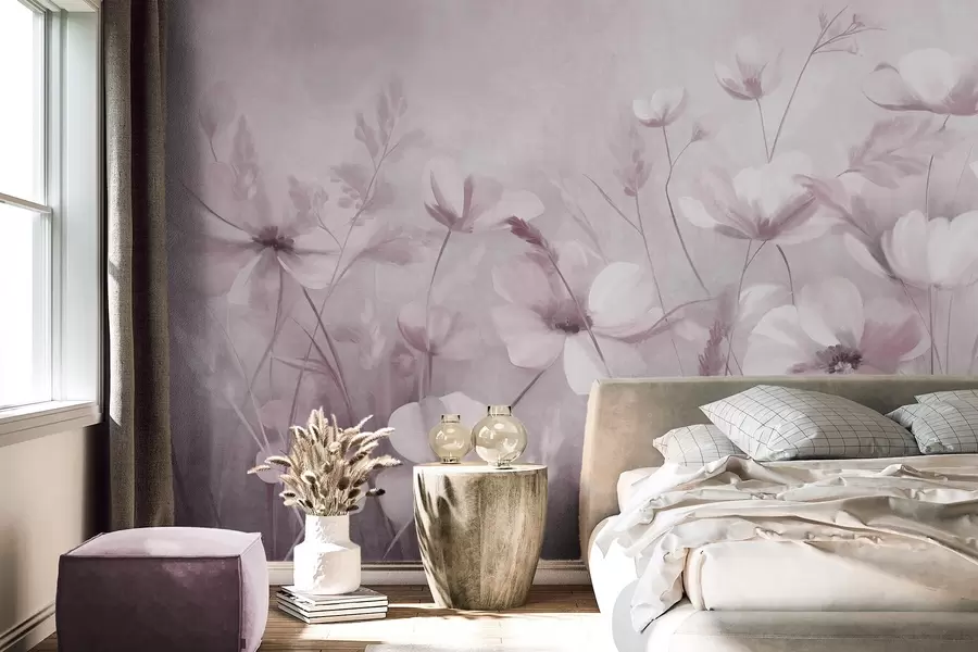 Murale Un champ de fleurs aux couleurs claires et de hautes herbes aux teintes douces, œuvre d'art texturée w10019v1