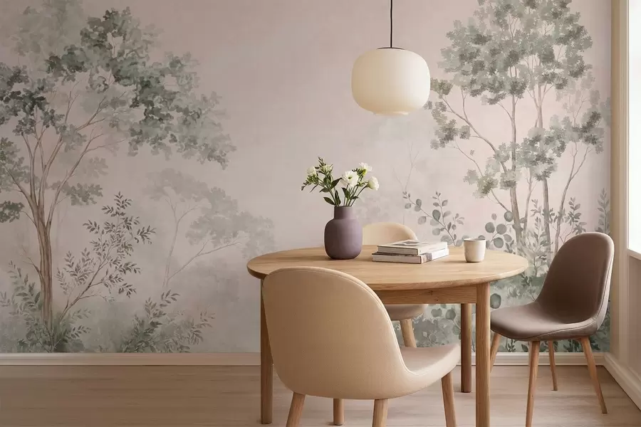 fototapeter Skovtræer og buske i tågede pastelfarver w05856