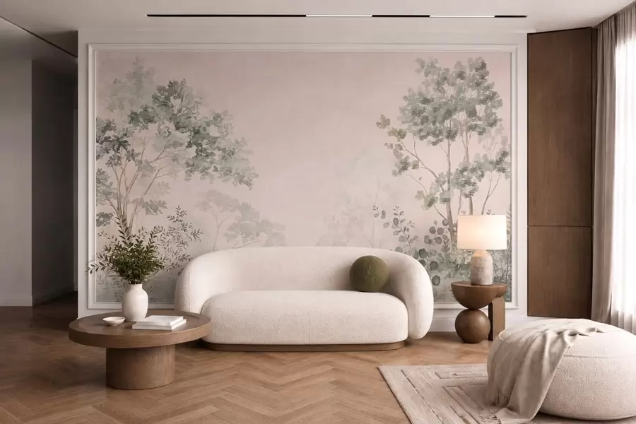 Murale Arbres et arbustes forestiers aux teintes pastel brumeuses w05856