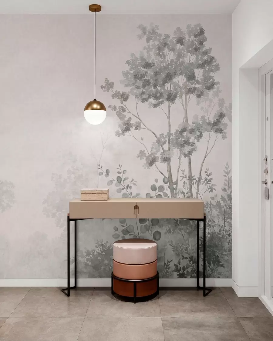 Murale Arbres forestiers et végétation sur un fond légèrement brumeux w05856v1