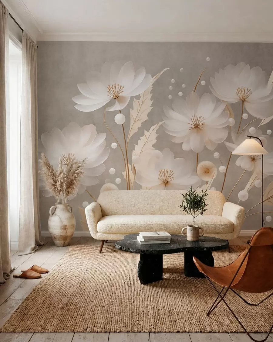 Murale De grandes fleurs blanches accompagnées de feuilles décoratives sur un fond gris w05857