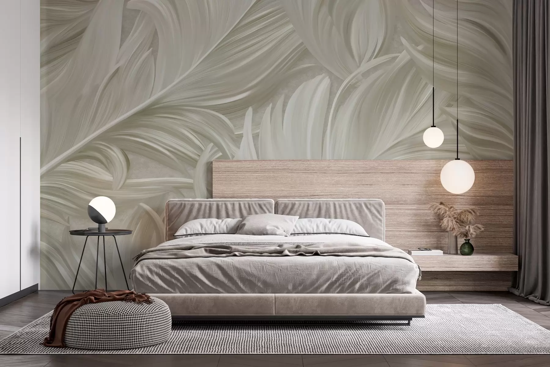 Murale Une grande plume peinte et incurvée, dans des tons de beige froid w05757v2