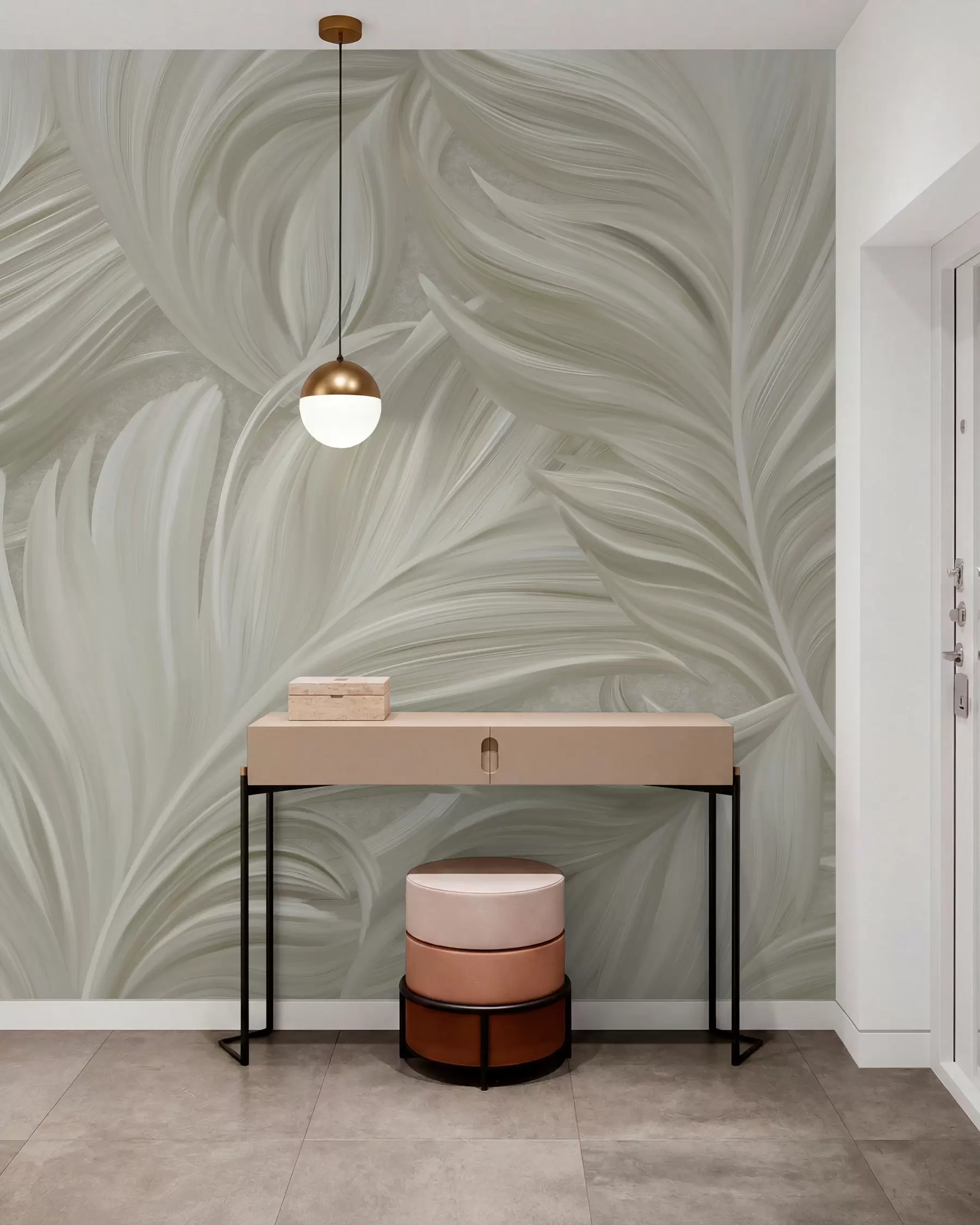 Murale Une grande plume peinte et incurvée, dans des tons de beige froid w05757v2