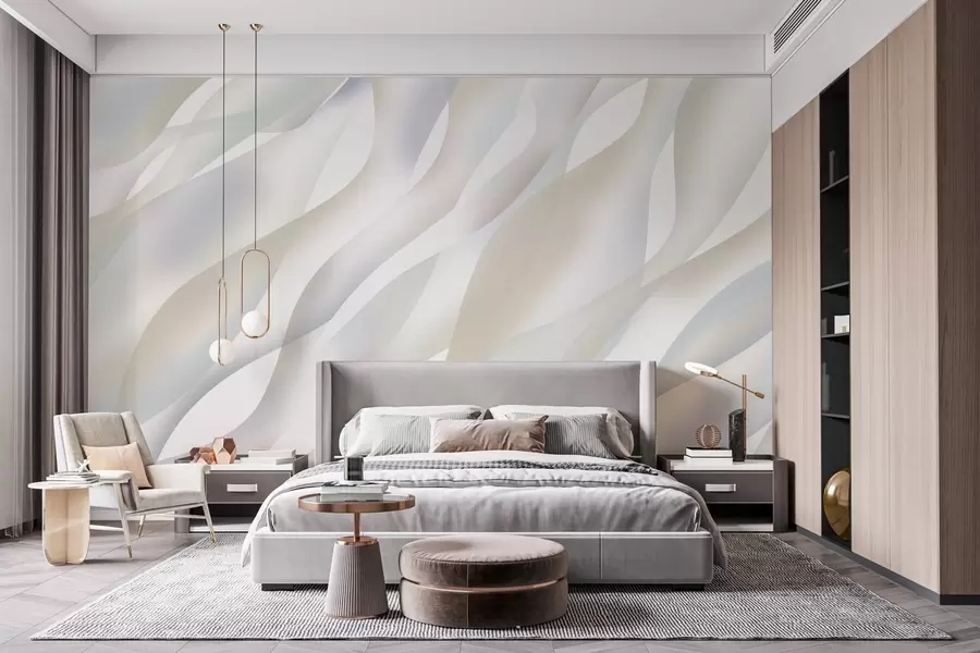 Murale Vagues abstraites dans des nuances de gris et de beige sur fond blanc w05758