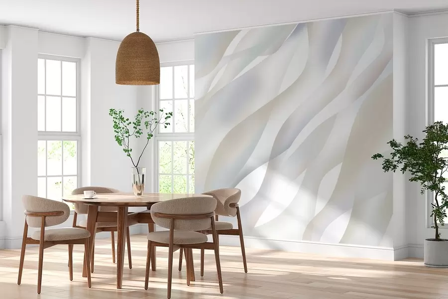 Murale Vagues abstraites dans des nuances de gris et de beige sur fond blanc w05758