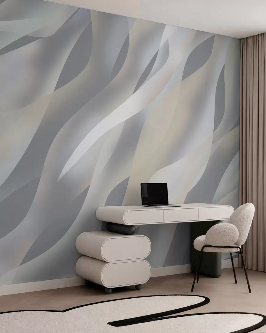 Murale Vagues abstraites dans des nuances de gris et de beige sur un fond gris foncé w05758v2