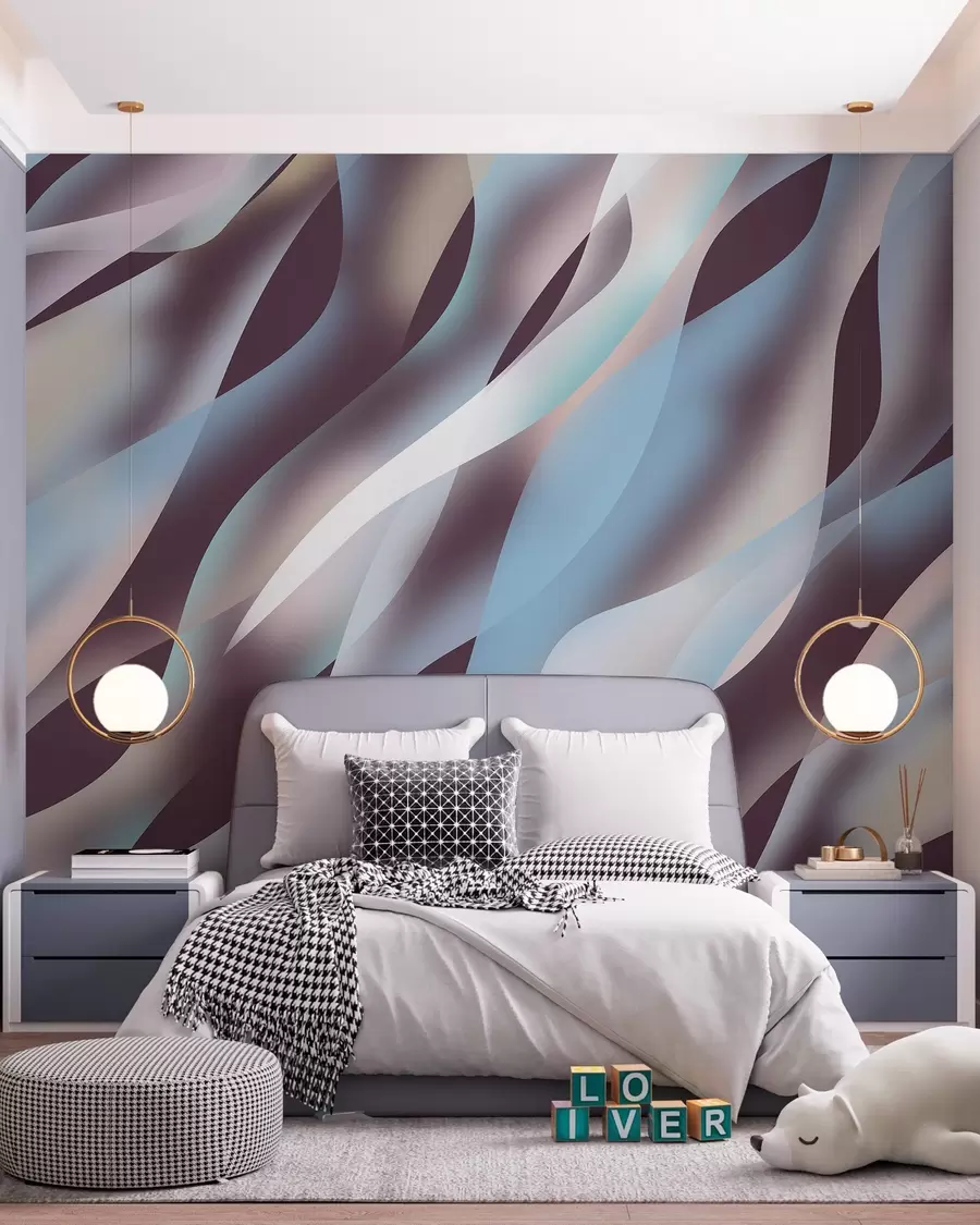 Murale Vagues abstraites dans des tons de bleu, rose et beige sur un fond aubergine foncé w05758v3