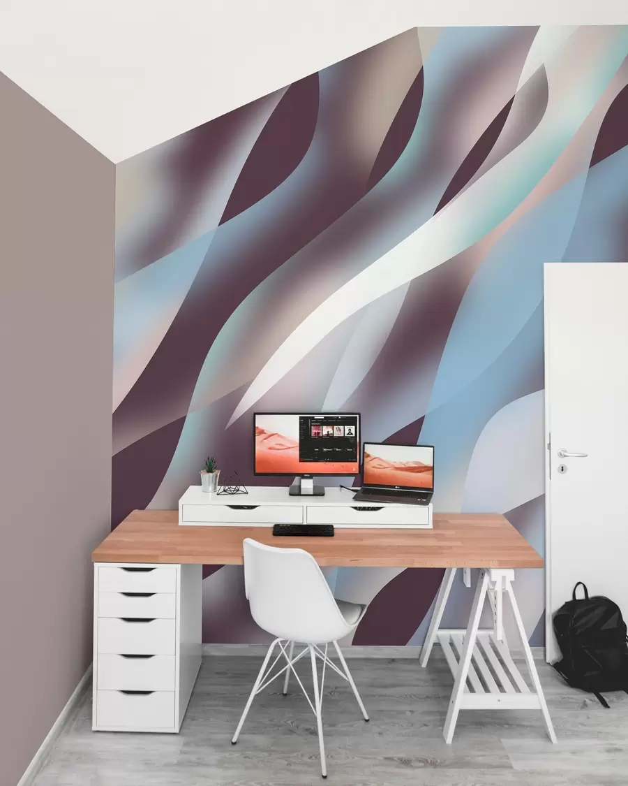 Murale Vagues abstraites dans des tons de bleu, rose et beige sur un fond aubergine foncé w05758v3