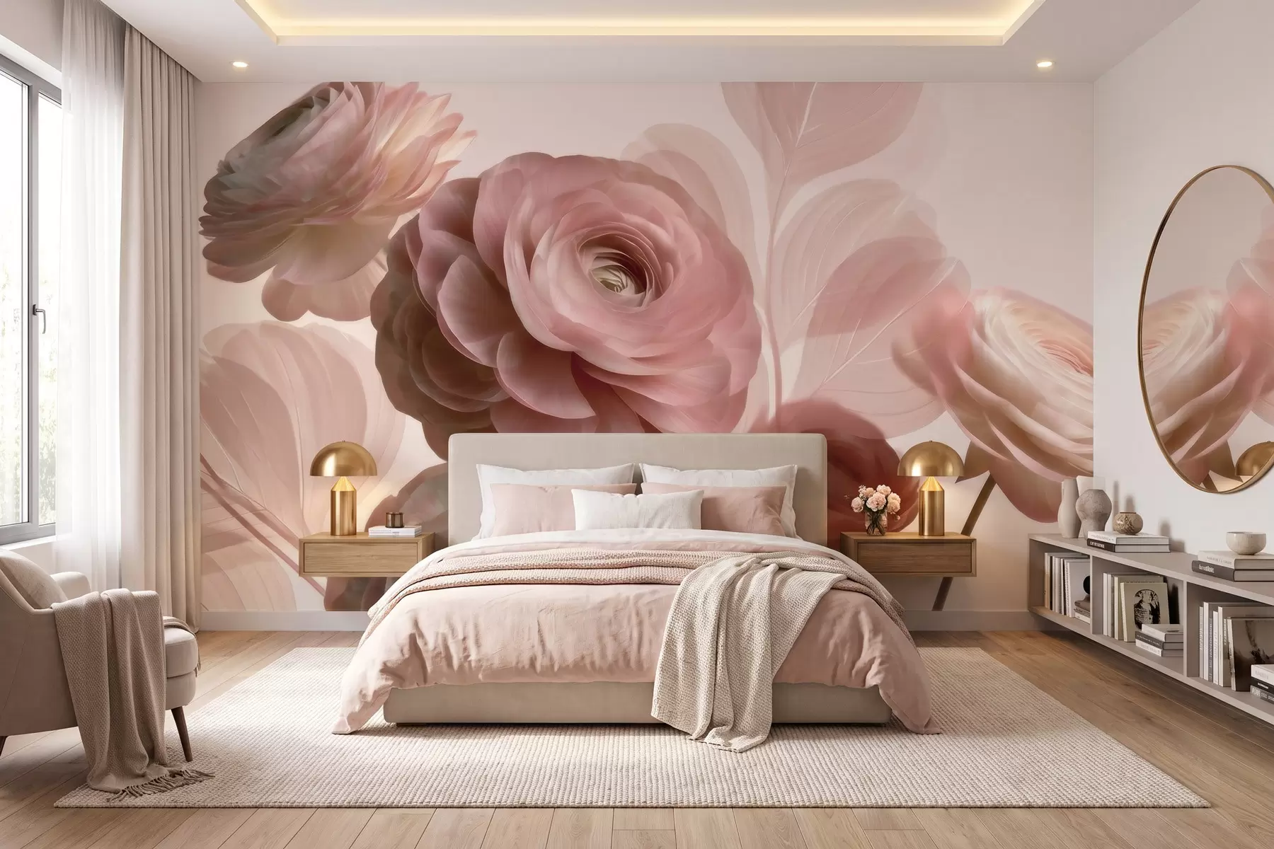 Murale De volumineuses fleurs de renoncule rose poudré aux pétales translucides, dans des tons de rose pâle et de beige w09998