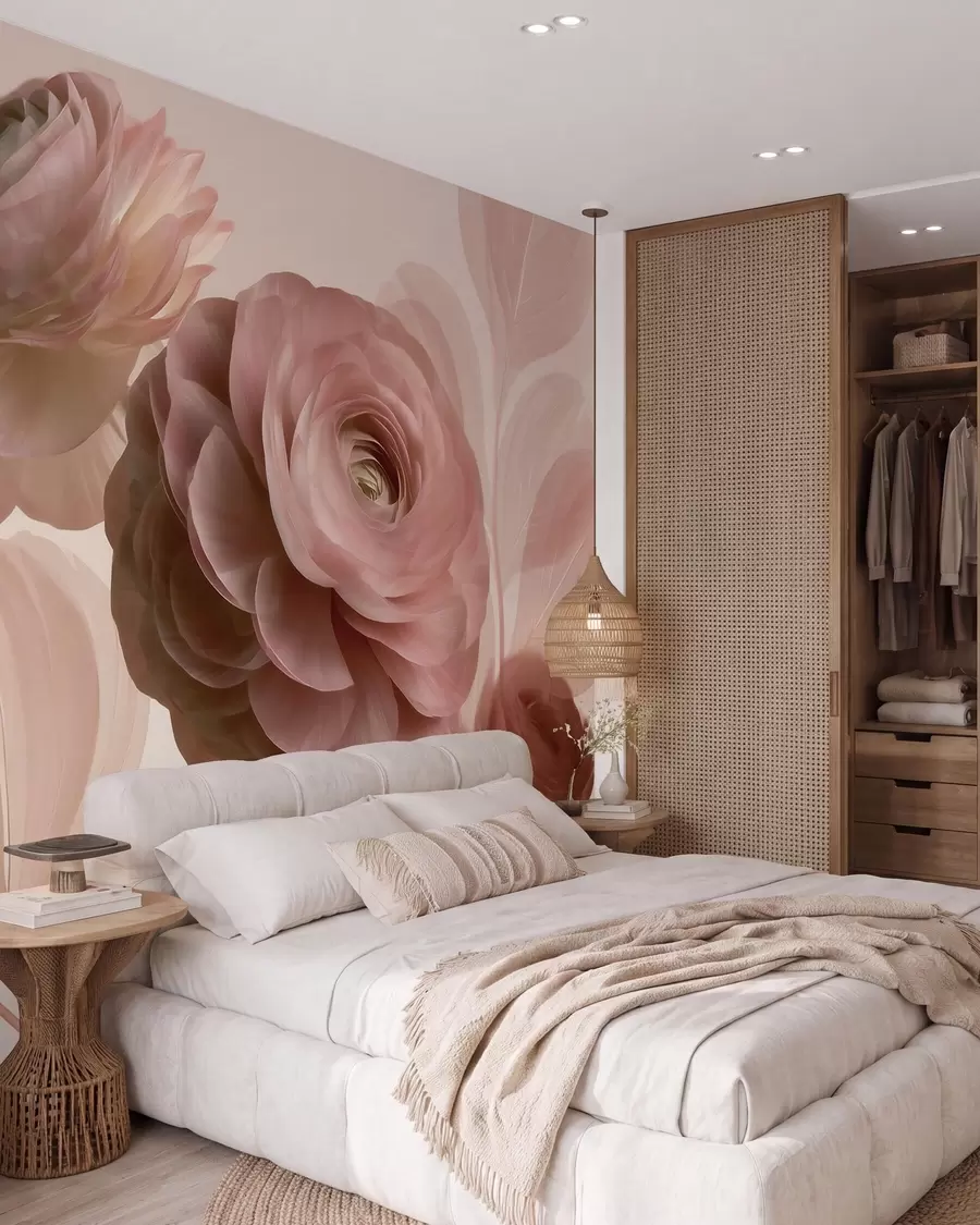 fototapeter Fyldige, pudderrosa ranunkelblomster med gennemskinnelige kronblade i bløde rosa og beige nuancer w09998